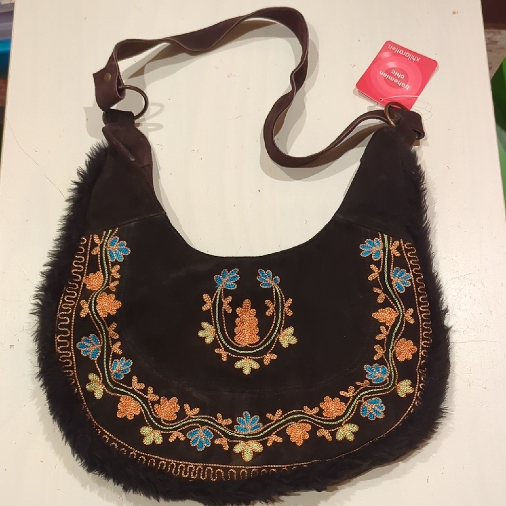 New Xhilaration Brown Faux Fur Trim Bag - Picture 3 of 6